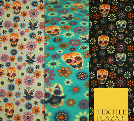 Mexican Ornate Floral Skulls Printed Polycotton Dress Craft Fabric 44" 3 COLOURS