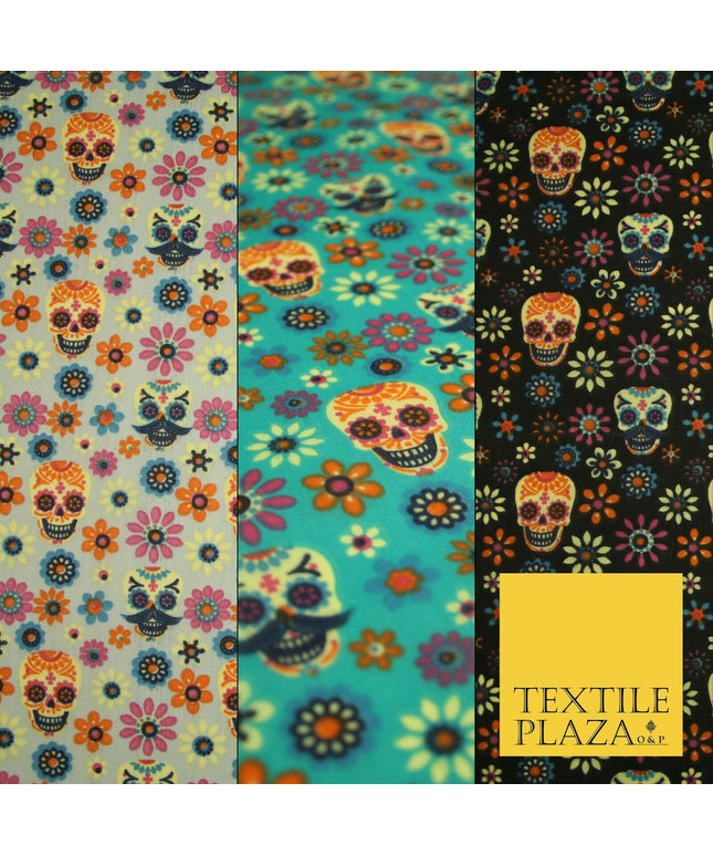 Mexican Ornate Floral Skulls Printed Polycotton Dress Craft Fabric 44" 3 COLOURS