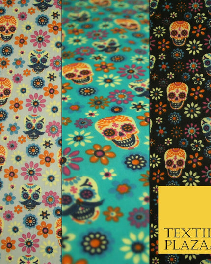 Mexican Ornate Floral Skulls Printed Polycotton Dress Craft Fabric 44" 3 COLOURS