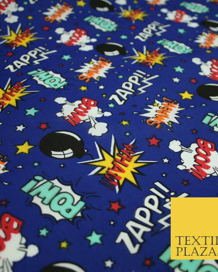 Royal Blue Comic ZAPP POW BOOM Printed Polycotton Dress Craft Fabric 44" 5231