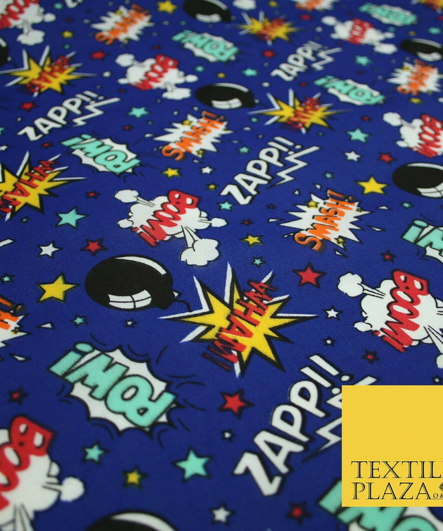 Royal Blue Comic ZAPP POW BOOM Printed Polycotton Dress Craft Fabric 44" 5231
