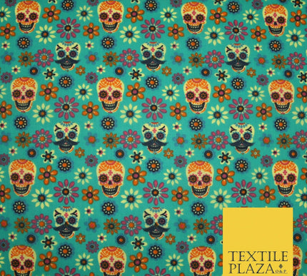 Mexican Ornate Floral Skulls Printed Polycotton Dress Craft Fabric 44" 3 COLOURS