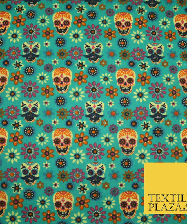 Mexican Ornate Floral Skulls Printed Polycotton Dress Craft Fabric 44" 3 COLOURS
