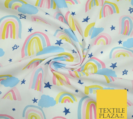 Rainbow Clouds Sky Stars Printed Polycotton Dress Craft Fabric NHS 44" 3 COLOURS