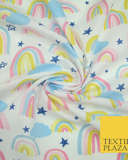 Rainbow Clouds Sky Stars Printed Polycotton Dress Craft Fabric NHS 44" 3 COLOURS