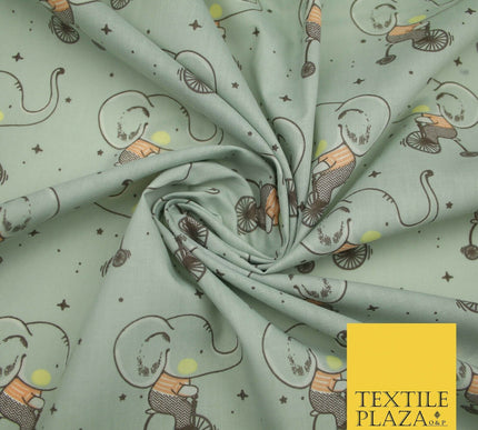 Fun Circus Cycling Elephant Printed Polycotton Dress Craft Fabric 44" 3 COLOURS