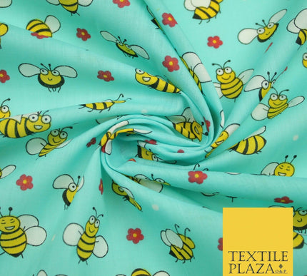 Happy Busy Bumble Bees Printed Polycotton Dress Craft Fabric Kids 44" 3 COLOURS
