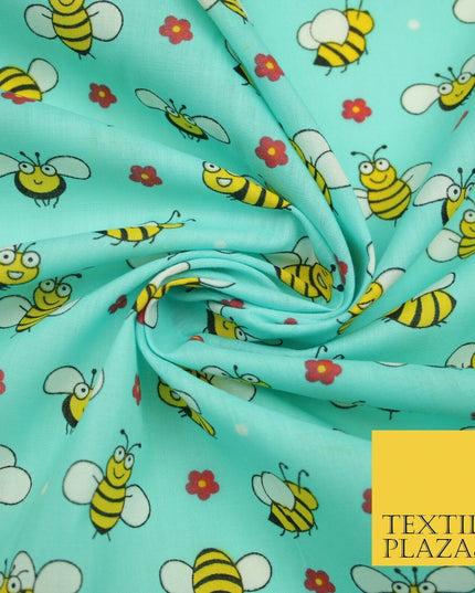Happy Busy Bumble Bees Printed Polycotton Dress Craft Fabric Kids 44" 3 COLOURS
