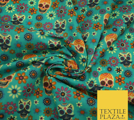 Mexican Ornate Floral Skulls Printed Polycotton Dress Craft Fabric 44" 3 COLOURS
