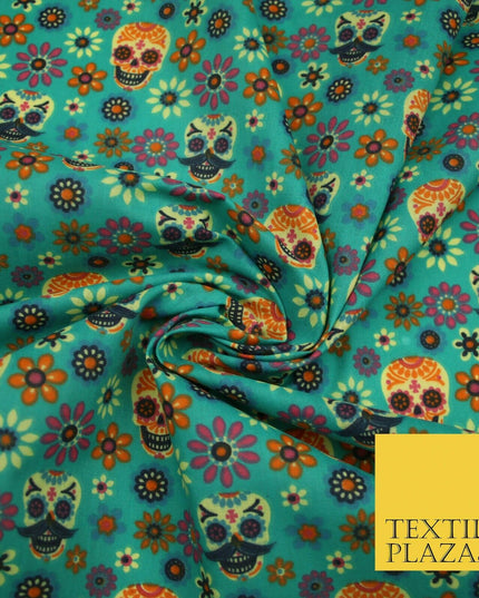 Mexican Ornate Floral Skulls Printed Polycotton Dress Craft Fabric 44" 3 COLOURS