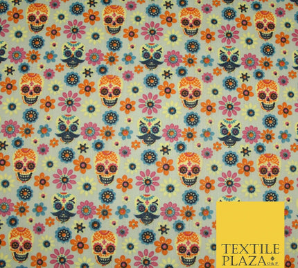 Mexican Ornate Floral Skulls Printed Polycotton Dress Craft Fabric 44" 3 COLOURS