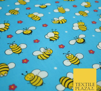Happy Busy Bumble Bees Printed Polycotton Dress Craft Fabric Kids 44" 3 COLOURS