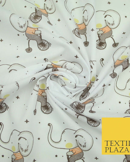 Fun Circus Cycling Elephant Printed Polycotton Dress Craft Fabric 44" 3 COLOURS