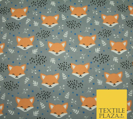 Cheeky Foxes Animals Leaves Printed Polycotton Dress Craft Fabric 44" 3 COLOURS