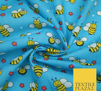 Happy Busy Bumble Bees Printed Polycotton Dress Craft Fabric Kids 44" 3 COLOURS