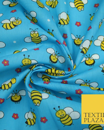Happy Busy Bumble Bees Printed Polycotton Dress Craft Fabric Kids 44" 3 COLOURS