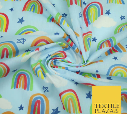 Rainbow Clouds Sky Stars Printed Polycotton Dress Craft Fabric NHS 44" 3 COLOURS