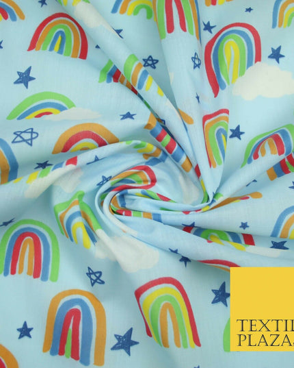 Rainbow Clouds Sky Stars Printed Polycotton Dress Craft Fabric NHS 44" 3 COLOURS