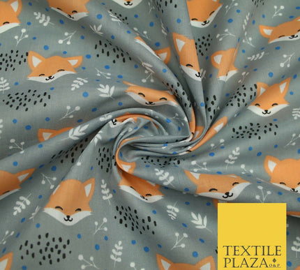 Cheeky Foxes Animals Leaves Printed Polycotton Dress Craft Fabric 44" 3 COLOURS