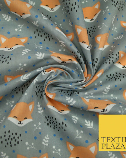 Cheeky Foxes Animals Leaves Printed Polycotton Dress Craft Fabric 44" 3 COLOURS