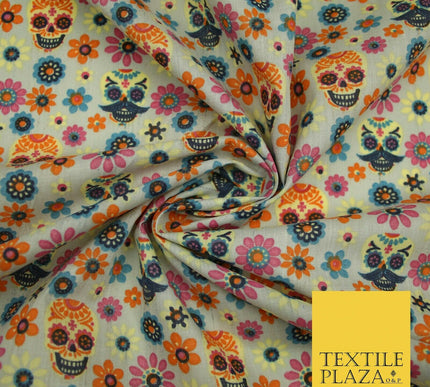 Mexican Ornate Floral Skulls Printed Polycotton Dress Craft Fabric 44" 3 COLOURS