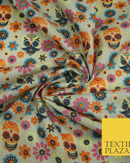 Mexican Ornate Floral Skulls Printed Polycotton Dress Craft Fabric 44" 3 COLOURS
