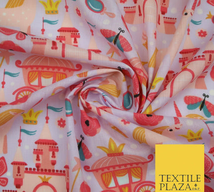 Unicorn Girly Princess Castle Printed Polycotton Dress Craft Fabric 44" 3COLOURS