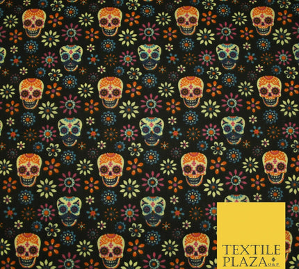 Mexican Ornate Floral Skulls Printed Polycotton Dress Craft Fabric 44" 3 COLOURS