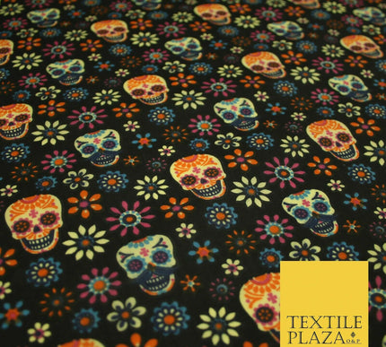 Mexican Ornate Floral Skulls Printed Polycotton Dress Craft Fabric 44" 3 COLOURS