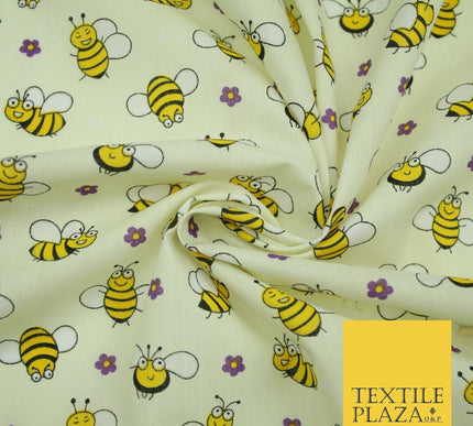Happy Busy Bumble Bees Printed Polycotton Dress Craft Fabric Kids 44" 3 COLOURS