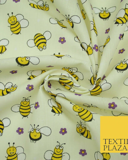 Happy Busy Bumble Bees Printed Polycotton Dress Craft Fabric Kids 44" 3 COLOURS