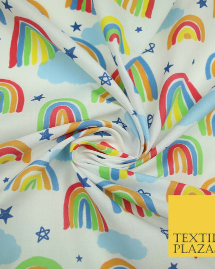 Rainbow Clouds Sky Stars Printed Polycotton Dress Craft Fabric NHS 44" 3 COLOURS