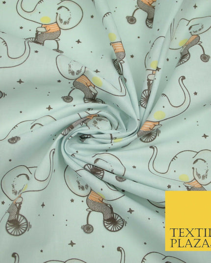 Fun Circus Cycling Elephant Printed Polycotton Dress Craft Fabric 44" 3 COLOURS