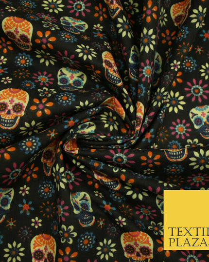 Mexican Ornate Floral Skulls Printed Polycotton Dress Craft Fabric 44" 3 COLOURS