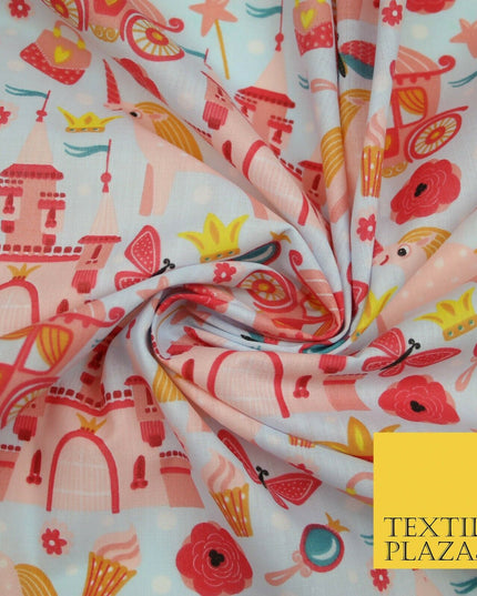 Unicorn Girly Princess Castle Printed Polycotton Dress Craft Fabric 44" 3COLOURS