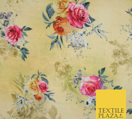 Lemon Gold Floral Printed Soft Micro Velvet Velour Non Stretch Fabric Dress 5246