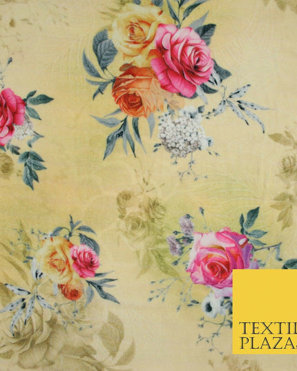 Lemon Gold Floral Printed Soft Micro Velvet Velour Non Stretch Fabric Dress 5246