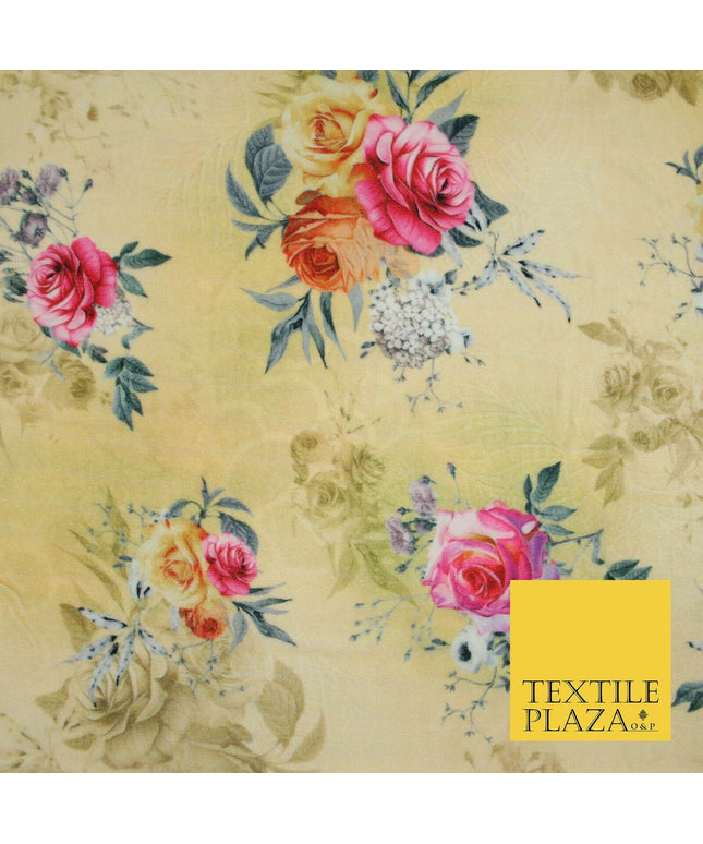 Lemon Gold Floral Printed Soft Micro Velvet Velour Non Stretch Fabric Dress 5246