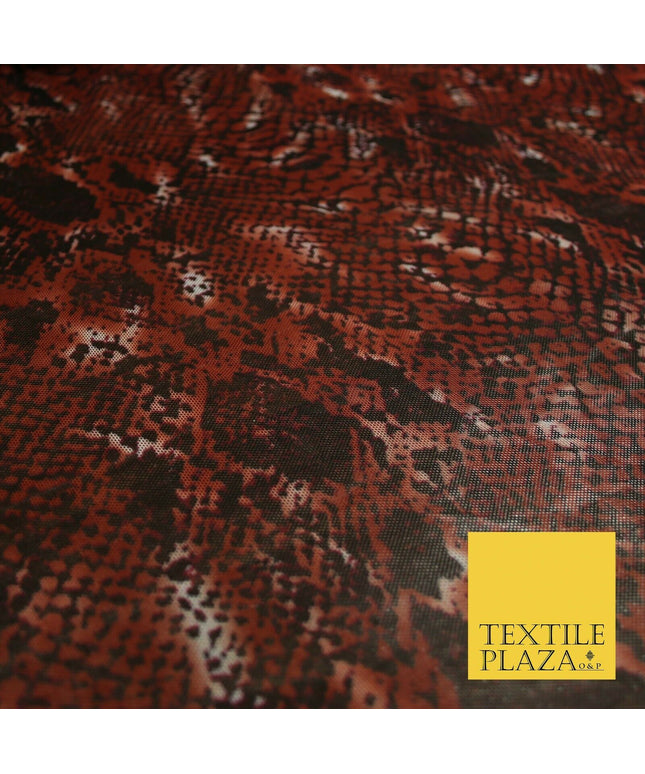 Deep Rust Brown Snake Skin Animal Print Power Mesh Net Stretch Dress Fabric 5257