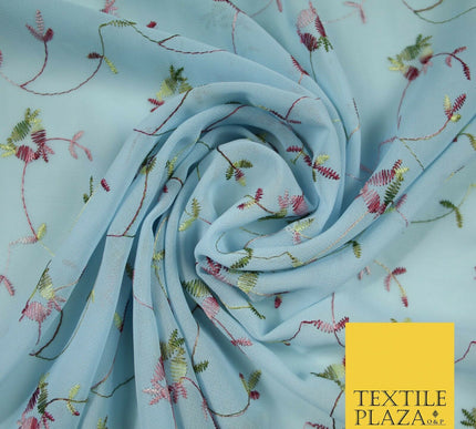 Sky Blue Floral Multi Thread Embroidered Georgette Dress Fabric Fancy 55" 5279