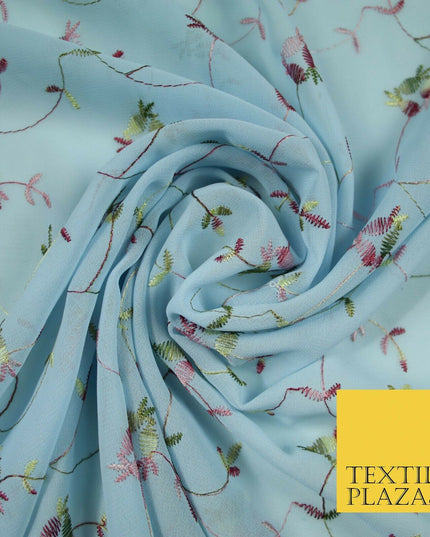 Sky Blue Floral Multi Thread Embroidered Georgette Dress Fabric Fancy 55" 5279