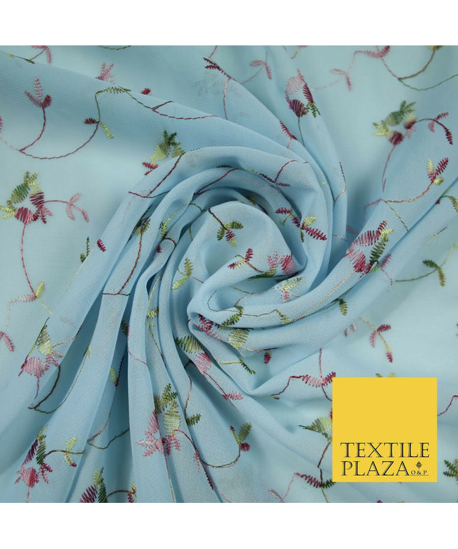 Sky Blue Floral Multi Thread Embroidered Georgette Dress Fabric Fancy 55" 5279