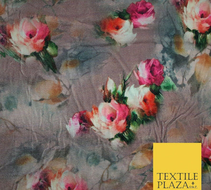 Dusty Floral Roses Printed Soft Micro Velvet Velour Non Stretch Fabric Dress5247