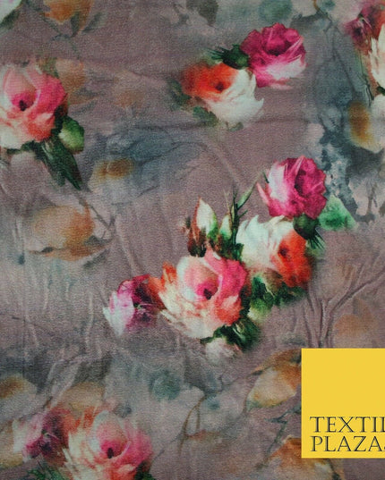 Dusty Floral Roses Printed Soft Micro Velvet Velour Non Stretch Fabric Dress5247