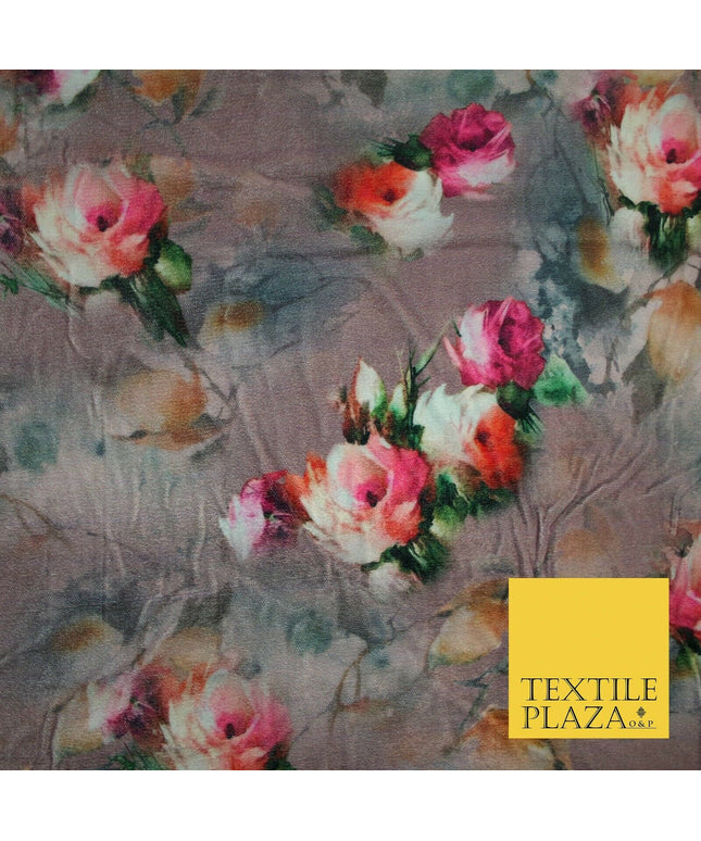 Dusty Floral Roses Printed Soft Micro Velvet Velour Non Stretch Fabric Dress5247