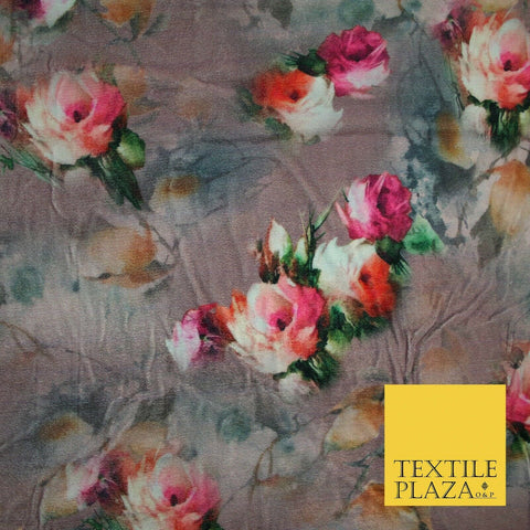Dusty Floral Roses Printed Soft Micro Velvet Velour Non Stretch Fabric Dress5247