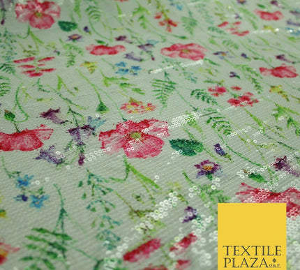 Mint Green Floral Digital Print Soft Georgette All Over Sequin Fabric 43" 5254