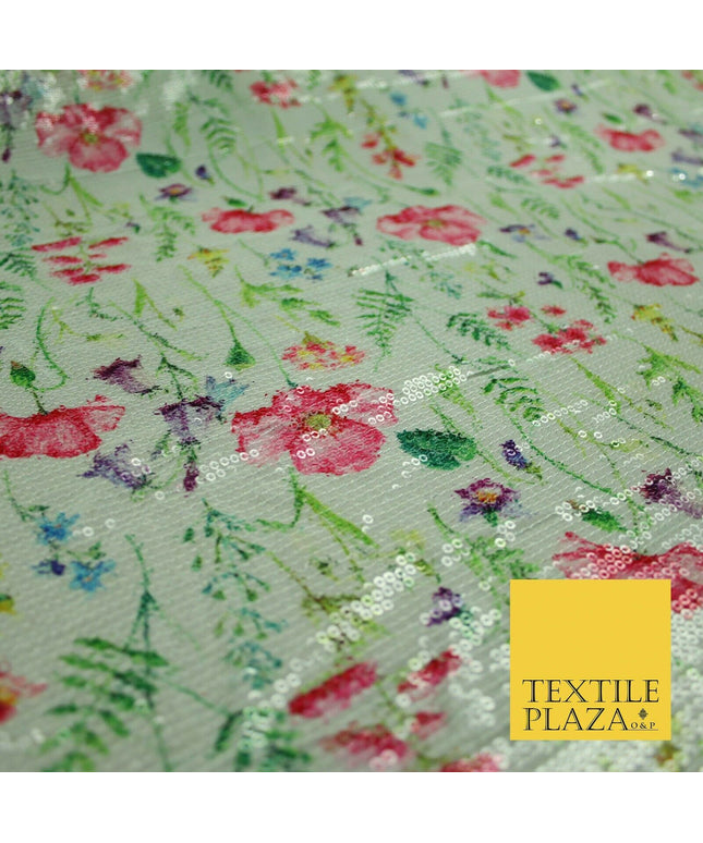 Mint Green Floral Digital Print Soft Georgette All Over Sequin Fabric 43" 5254