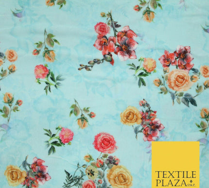 Light Blue Floral Printed Soft Micro Velvet Velour Non Stretch Fabric Dress 5243