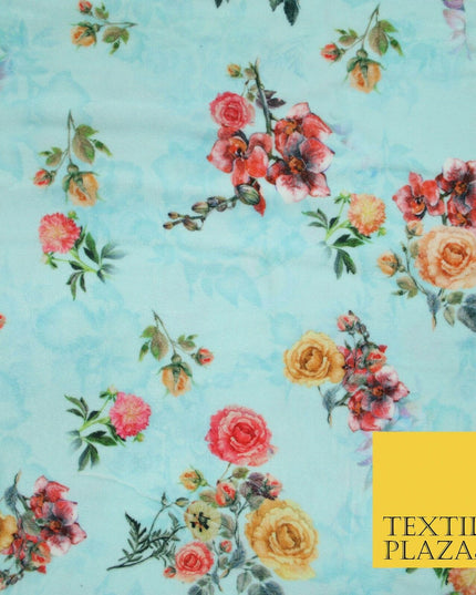 Light Blue Floral Printed Soft Micro Velvet Velour Non Stretch Fabric Dress 5243